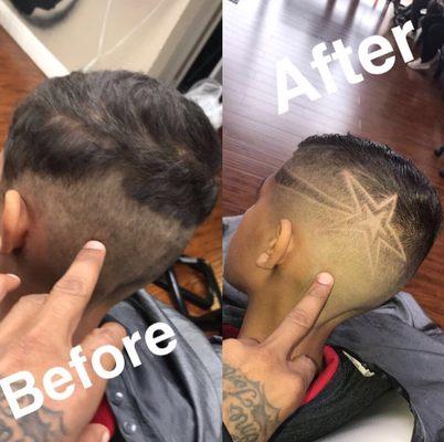 Before-when you get home cuts. After-custom design by Q The Barber.