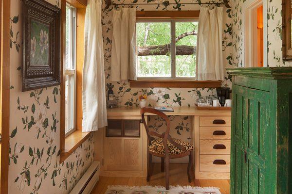 Desk, coffeemaker, and mini fridge in the Magnolia