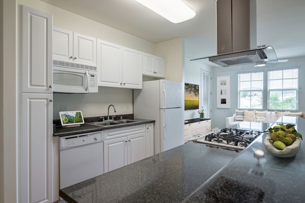 Kitchen with breakfast bar overlooking staged living with abundant sunlight.