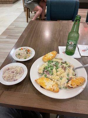 My meal...Fusilli Carbonara with Redskin Mashed Potatoes and Korean BBQ Mixed Greens!