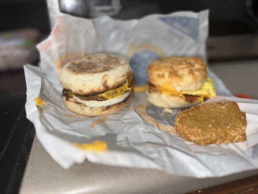 sausage egg and cheese McMuffin, bacon egg and cheese biscuit and hash brown