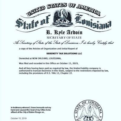 SERENITY TAX SOLUTIONS LLC is registered with the sarae of Louisiana and able to serve 50 states.