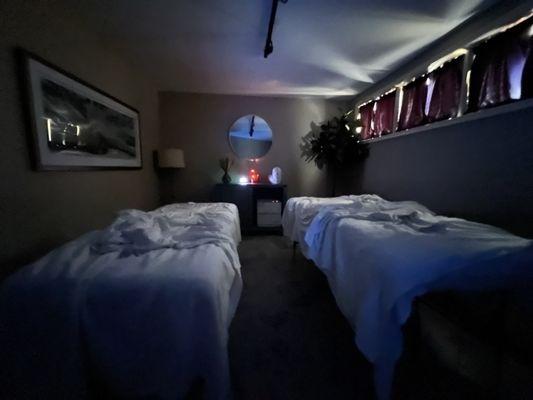 Massage room setup after a couples massage