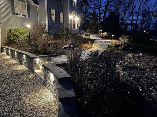 Front yard with landscape lights