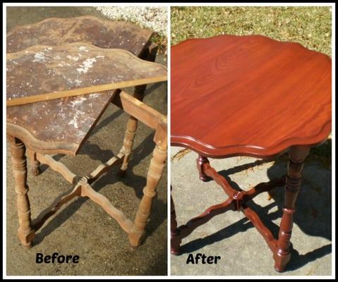 This table was badly water damaged in a hurricane. After the wood had dried we removed the white spots, put it back together and finished it