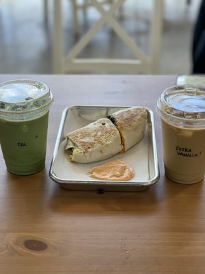 Breakfast Burrito , Iced Vanilla Latte , Iced Matcha