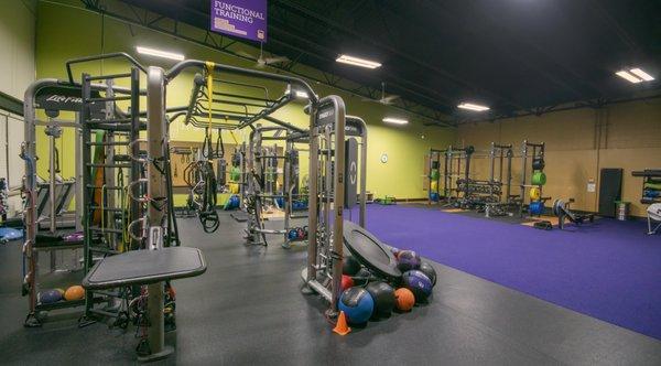 Huge functional training area complete with 5 full racks and platforms, turf and all accessories!