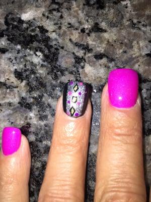 nails done by Wa.   Hot pink  and black with diamond silver design Love getting my nails done at Ok Nails .