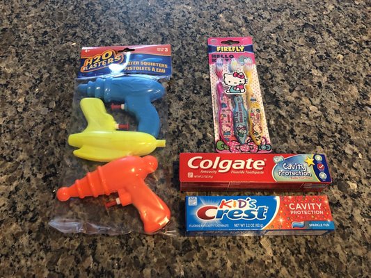 Water Squirters, Toothbrushes, Toothpaste