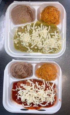 Enchiladas with salsa Verde and red salsa.