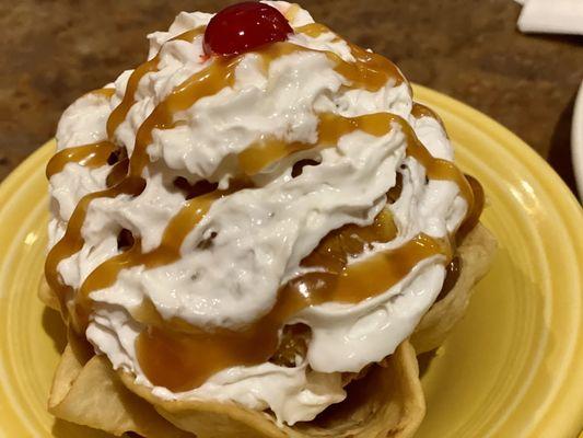 Fried ice-cream with caramel drizzle...ice-cream ball was coated with crunchy sweet and salty cereal like texture