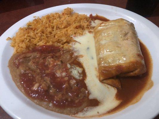 Chimichanga with refried beans & Spanish rice