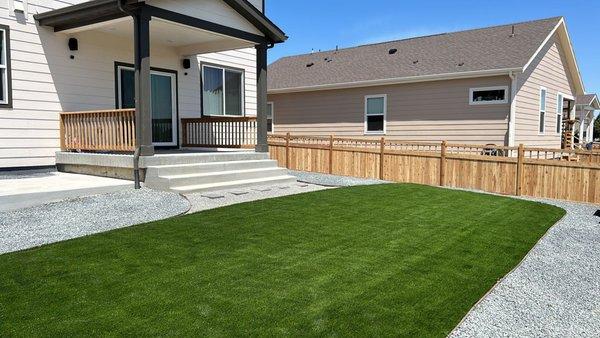 Artificial Turf, Fence, Concrete Steps, Railing & Landscaping