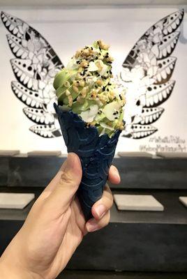 Matcha soft serve in blue corn cone $7