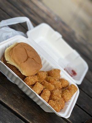 The No Guilt Burger with a side of Tater Tots