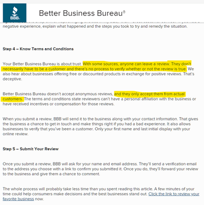 These claims are clearly false advertising as the BBB process does NOTHING to validate these people as actual customers.