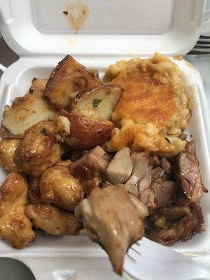 2 meat 2 sides. Bourbon Chicken, honey glazed chicken, mac n chz, potatoes