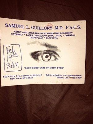 Dr Guillory appointment card