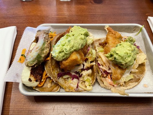 Fried avocado and fish tacos