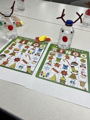 Christmas Bingo with fun reindeer water bottles