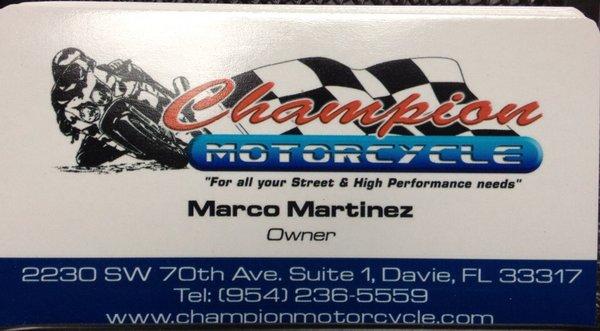 Marco is the man! M/C Parts in stock, a full service M/C mechanic shop, apparel and accessories. Reasonable rates! I'm a fan!