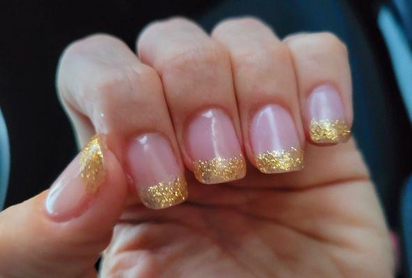 Gold gel tipped acrylics...perfect for the Vegas wedding I'm attending!