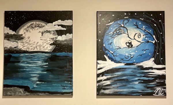 Two finished paintings: Mystic Shores and Winter Moon River