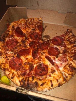 Pepperoni & bacon pizza.