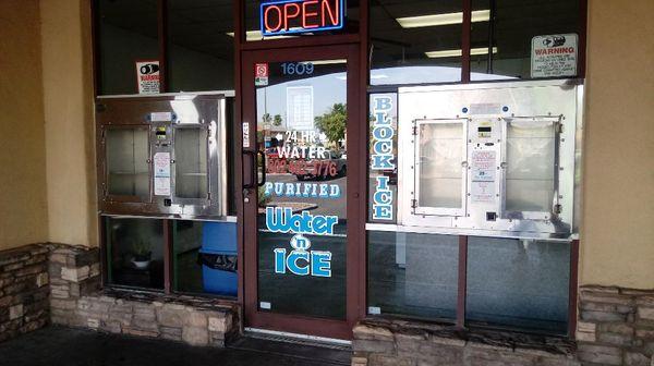 24 hr water dispensers take bills and coins.