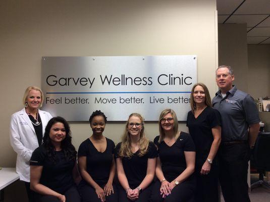 Meet our whole staff! Starting left to right: Adrian Thompson, FNP, Missy, Jamie, Rachel, Brittany, Meg, and Dr. Garvey, D.C.