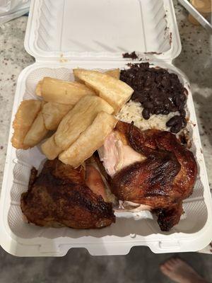 Half chicken, yucca, rice and beans