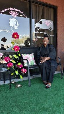 Denise waiting for a client to arrive.  Another day at Denise's Hairexpress.