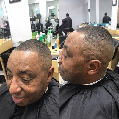 High bald-fade hair cut.