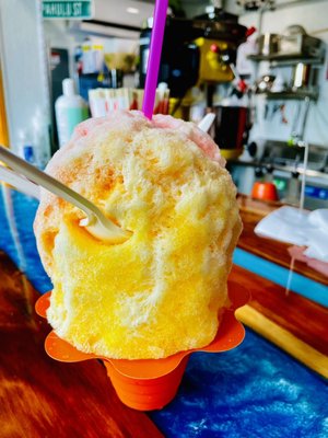 Shaved Ice - Guava + Passion Fruit + Mango w/ Condensed Milk drizzle on top.