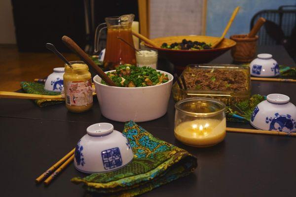 The spread...balanced, colorful, delicious, and body-loving food. with candles, of course.