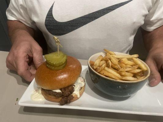 Husbands burger and fries