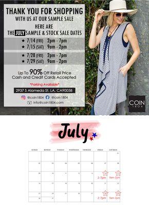 Sample Sale dates for the month of July