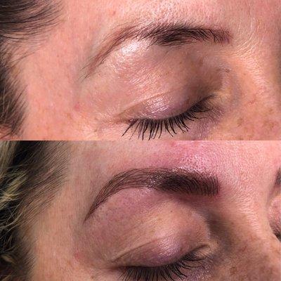 Previous microblading that healed with a red hue (someone else's work), and her new Microbladed Brows by me.