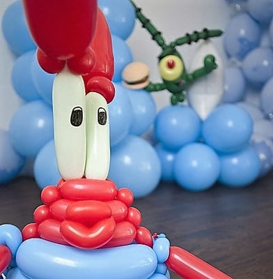 Balloon art Tobi created prior to entertaining kids at a SpongeBob themed birthday party with Mr. Crabs and Plankton.