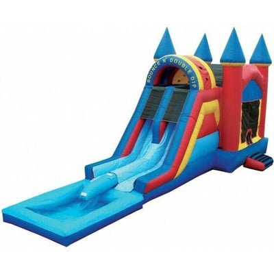 Bounce And Double Dip, a bounce house wet/dry slide combination. It stands 18ft tall, 30ft long, and 13ft wide - $295 per day...