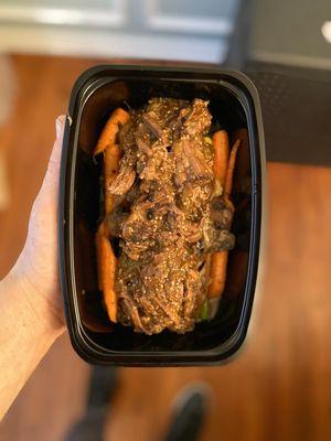 Personalized meals: 48 hour short ribs, roasted carrots, Brussels.