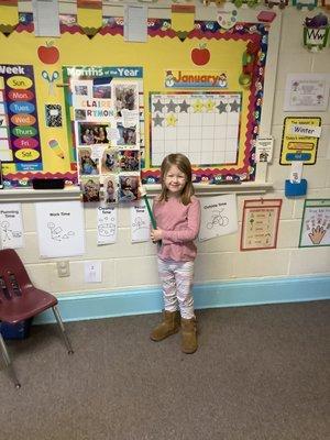 Presenting to the class about her family.