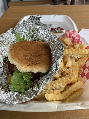 Grill burger and seasoned fries