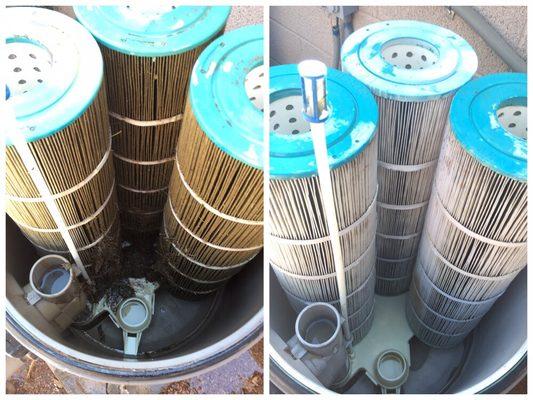 Before and after of a cartridge filter that was cleaned by Heath Family Pools.