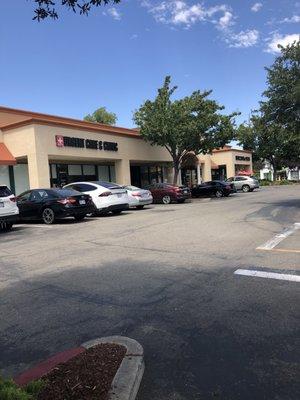 Storefronts opposite Walmart.