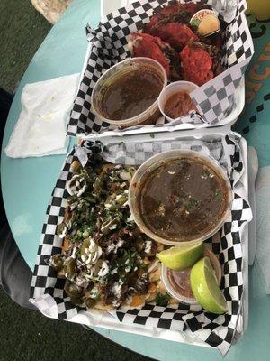 Pic of tacos and loaded fries.