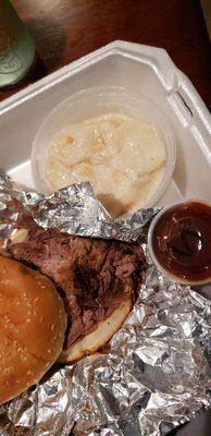 Beef brisket w/spicy BBQ SAUCE AND SMOKED SCALLOPED POTATOES