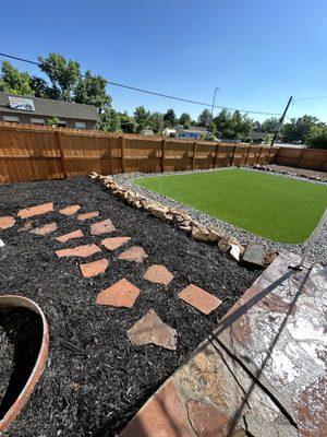 Mulch and flagstone walkway