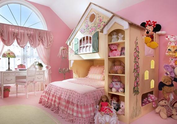 With varying and coordinated patterns and shades of pink, this ultra-feminine bedroom is the perfect refuge for a petite princess.