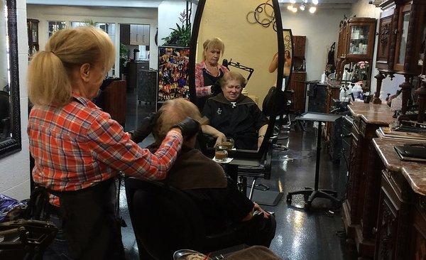 Marge Twedt Coloring a Customer's Hair